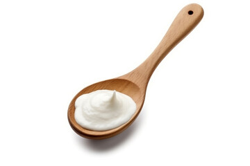 Sour cream in the wooden spoon isolated on white background.Generative Ai. - obrazy, fototapety, plakaty