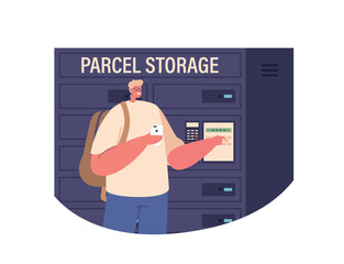 Male Character Uses Terminal For Secure And Convenient Parcel Storage. Man Enter Pin Code, Efficient Delivery Of Package © Pavlo Syvak