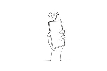 A hand holding a cellphone with a wifi network. International internet day one-line drawing