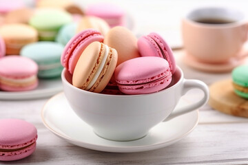 Fototapeta premium Colorful macarons on white wooden background .Generative Ai.
