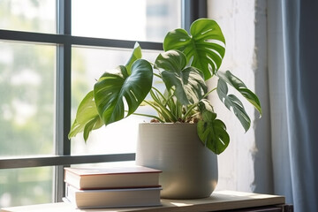 Green monstera plants and books on window sill at house.Generative Ai.