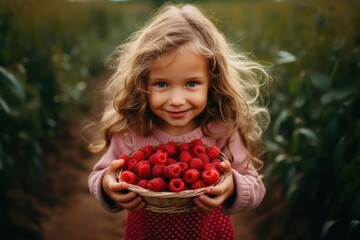 Little girl is holding a bowl of ripe raspberries.