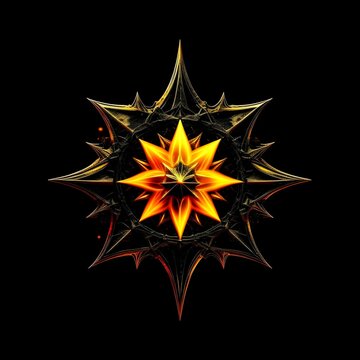 Abstract 8 5 6 9 10 12 pointed fractal cosmic sun burning in flame chaos star pentagram with cracked volcanic lava ground material symbolic realistic image