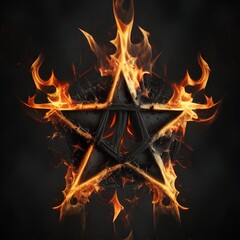 Abstract 8 5 6 9 10 12 pointed fractal cosmic sun burning in flame with smoke chaos star pentagram with cracked volcanic lava ground material symbolic realistic image