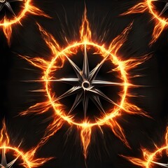 Abstract 8 5 6 9 10 12 pointed fractal cosmic sun burning in flame with smoke chaos star pentagram with cracked volcanic lava ground material symbolic realistic image