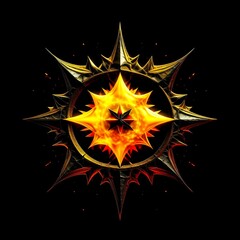 Abstract 8 5 6 9 10 12 pointed fractal cosmic sun burning in flame chaos star pentagram with cracked volcanic lava ground material symbolic realistic image