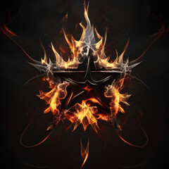 Abstract 8 5 6 9 10 12 pointed fractal cosmic sun burning in flame with smoke chaos star pentagram with cracked volcanic lava ground material symbolic realistic image

