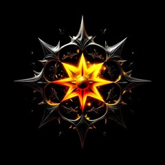 Abstract 8 5 6 9 10 12 pointed fractal cosmic sun burning in flame chaos star pentagram with cracked volcanic lava ground material symbolic realistic image

