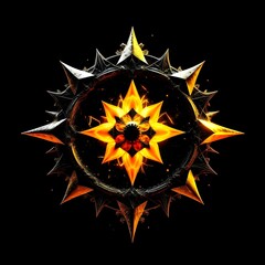 Abstract 8 5 6 9 10 12 pointed fractal cosmic sun burning in flame chaos star pentagram with cracked volcanic lava ground material symbolic realistic image

