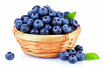 Blueberry in wicker basket isolated on white background.Generative Ai.
