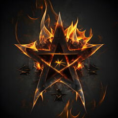 Abstract 8 5 6 9 10 12 pointed fractal cosmic sun burning in flame with smoke chaos star pentagram with cracked volcanic lava ground material symbolic realistic image

