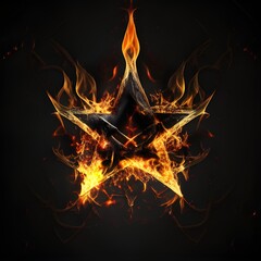 Abstract 8 5 6 9 10 12 pointed fractal cosmic sun burning in flame with smoke chaos star pentagram with cracked volcanic lava ground material symbolic realistic image

