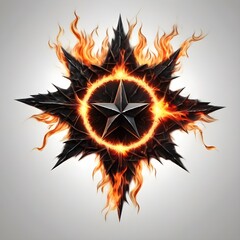 Abstract 8 5 6 9 10 12 pointed fractal cosmic sun burning in flame with smoke chaos star pentagram with cracked volcanic lava ground material symbolic realistic image


