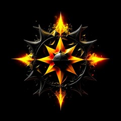 Abstract 8 5 6 9 10 12 pointed fractal cosmic sun burning in flame chaos star pentagram with cracked volcanic lava ground material symbolic realistic image

