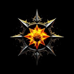 Abstract 8 5 6 9 10 12 pointed fractal cosmic sun burning in flame chaos star pentagram with cracked volcanic lava ground material symbolic realistic image

