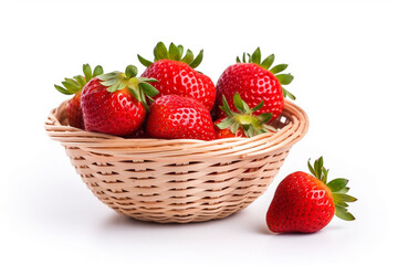 Strawberry in wicker basket isolated on white background.Generative Ai.