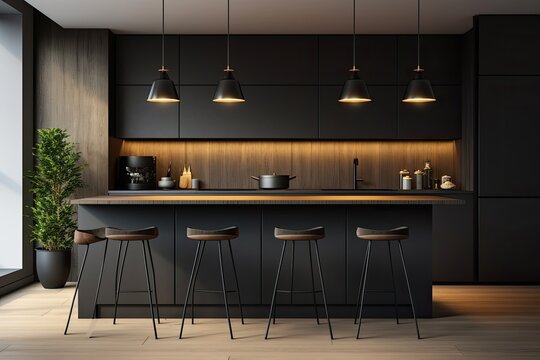  modern kitchen with black cupboards, a wooden floor, a bar, stools, and a lamp, positioned near a window.