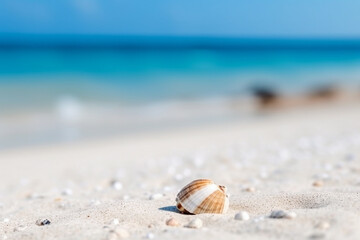 Fototapeta na wymiar Closeup white sand fine beach with sea background.Generative Ai.