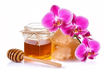 Honey with pink orchid flower isolated on white background.Generative Ai.