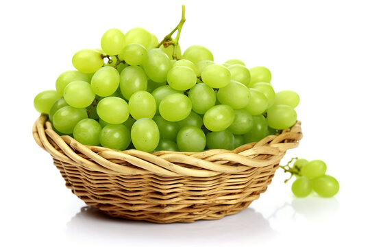 Green grape in wicker basket isolated on white background.Generative Ai.