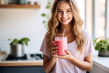 Young woman in the modern kitchen with a glass of raspberry smoothie. Healthy vegan nutrition concept.