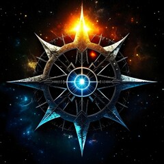 Abstract 8 5 6 9 10 12 pointed fractal cosmic sun in glowing cosmic space star pentagram with stars galactic and nebulas symbolic realistic image