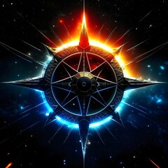 Abstract 8 5 6 9 10 12 pointed fractal cosmic sun in glowing cosmic space star pentagram with stars galactic and nebulas symbolic realistic image