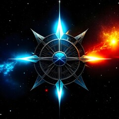Abstract 8 5 6 9 10 12 pointed fractal cosmic sun in glowing cosmic space star pentagram with stars galactic and nebulas symbolic realistic image