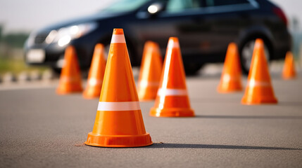Car and Traffic Cones Shape Driving School Experience. Generative AI