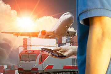 Businessman concept used for rail and air transport cargo plane international trade