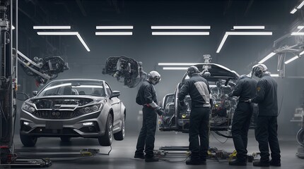 Rear view of technician assembling super car using high tech equipment in factory. Technician with...