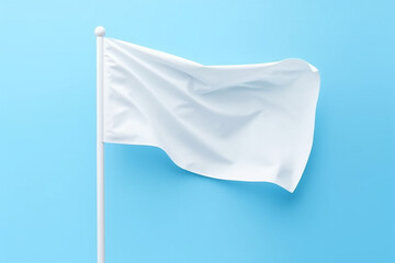 White flag waving isolated on blue pastel background.Generative Ai.