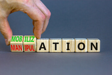 Mobilization or manipulation symbol. Concept words Mobilization Manipulation on wooden cubes....