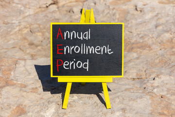 AEP symbol. Concept words AEP Annual enrollment period on beautifulblack chalk blackboard....