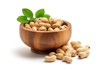 Peanuts  in wooden bowl isolated on white background.Generative Ai.
