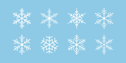 Fototapeta na wymiar Snowflake variations icon collection. Snowflakes white ice crystal on blue background. Winter symbol. Christmas logo sign