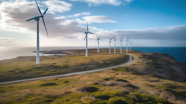 Coastal Wind Farm with Turbines. Generative AI