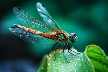 Dragonfly on flower with green background.Generative Ai.