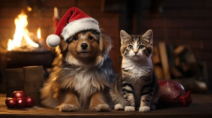 Fototapeta na wymiar cat and dog wearing adorable Santa Claus outfits while sitting side by side next to a festively adorned fireplace