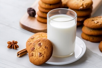 Milk with cookies  on white wooden background.Generative Ai.