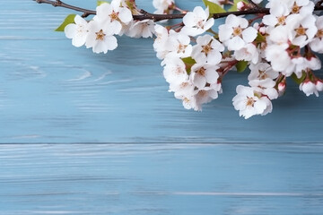 White sakura branch on blue wooden background.Generative Ai.