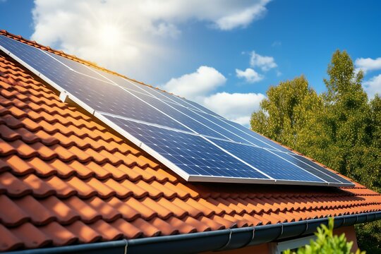 Solar panels on the roof of the house garage. Renewable energy concept.