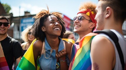 Happy man and woman with hands raised holding rainbow flags while enjoying in gay pride parade Capturing the Beauty of Nature with Radiant Smiles,ai generate