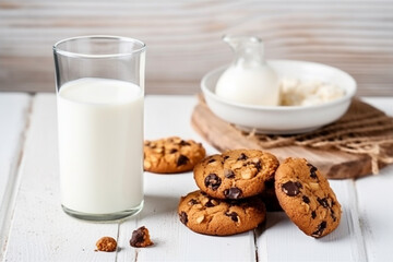Obraz na płótnie Canvas Milk with cookies on white wooden background.Generative Ai.