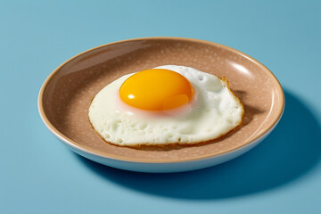 Fried egg on ceramic plate on blue background.Generative Ai.