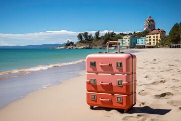 Plusieurs valises sur une plage de vacance (ia g&eacute;n&eacute;rative)