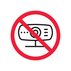 Prohibited web camera vector icon. No webcam icon. Forbidden camera icon. No web camera sign. Warning, caution, attention, restriction, danger flat sign design symbol pictogram