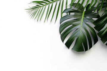 Fototapeta na wymiar Top view green palm leaf on white background.Generative Ai.