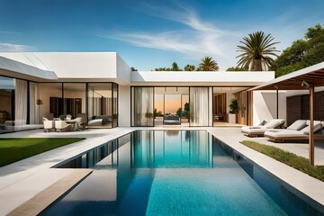 Fototapeta premium Luxury villa with pool in garden as modern exterior design architecture. Generative AI