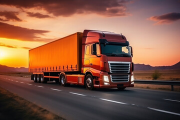 Loaded European truck on motorway in red, orange sunset light. On the road transportation and cargo.